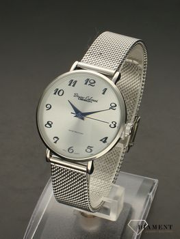 Zegarek damski na bransolecie Bruno Calvani BC3086 SILVER. Tarcza zegarka okrągła w kolorze srebrnym z wyraźnymi cyframi czarnymi, wskazówki w kolorze niebieskim. Dodatkowym atutem zegarka jest wyraźne logo (4) — kopia.jpg